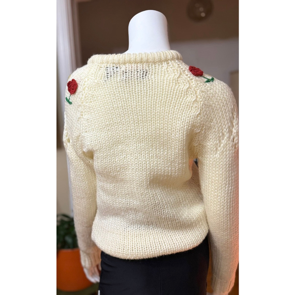 Vintage Carreau Cream Cable Knit Crew Neck Sweater with Floral Accents M - Picture 2 of 12